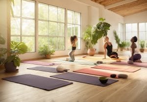 Three people practicing yoga on mats in a sunlit, plant-filled studio