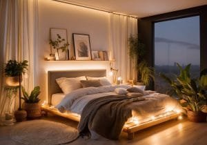 Cozy dimly lit bedroom with warm lighting, a made bed and houseplants in the evening