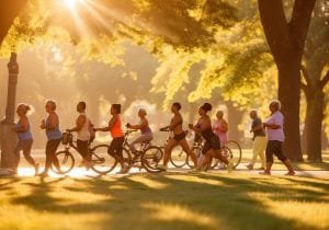 Diverse group of people walking and cycling together in a sunlit park