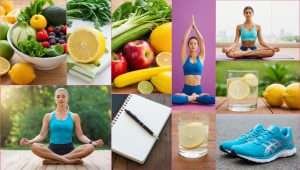 Collage of wellness elements including fresh produce, yoga, lemon water, a notebook and running shoes