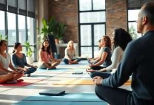 Group of coworkers meditating in a circle in a bright, plant-filled office