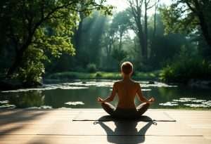 Person meditating beside a tranquil pond surrounded by lush green forest