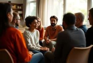 Small group of adults sitting in a circle, talking and listening together