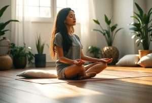 Woman meditating cross-legged on a cushion in a bright, plant-filled room