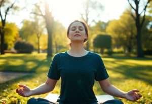 Woman with eyes closed breathing calmly in a sunlit green park