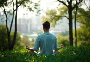 Person seen from behind meditating outdoors with a city skyline framed by trees