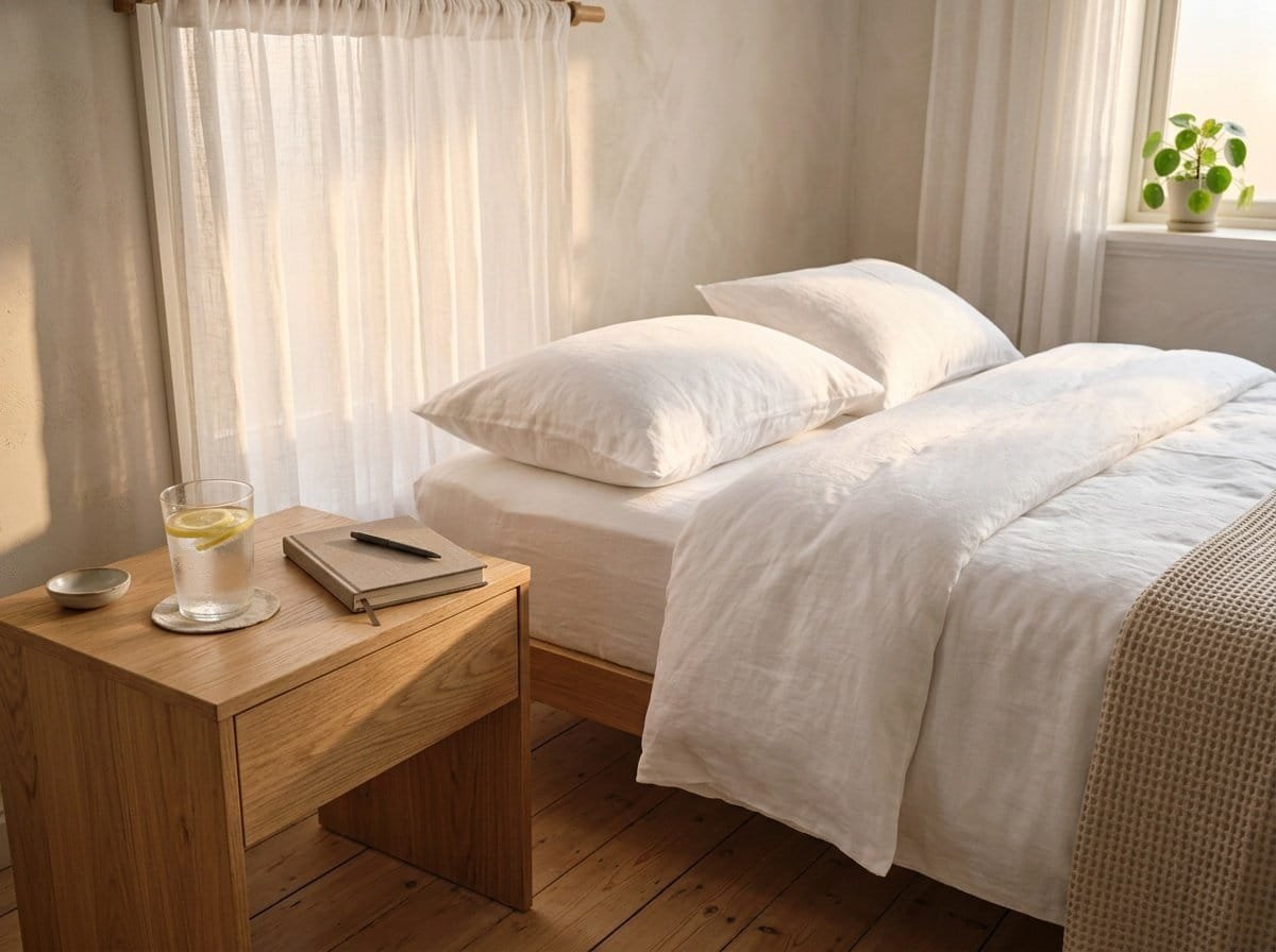 Glass of lemon water on oak nightstand in sunny bedroom