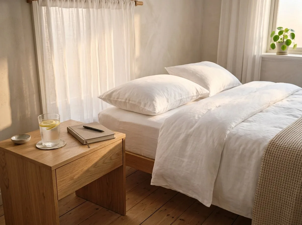 Glass of lemon water on oak nightstand in sunny bedroom