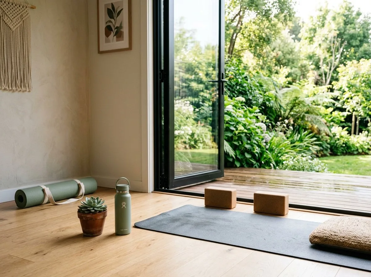 Yoga mat near open garden door in morning sunlight