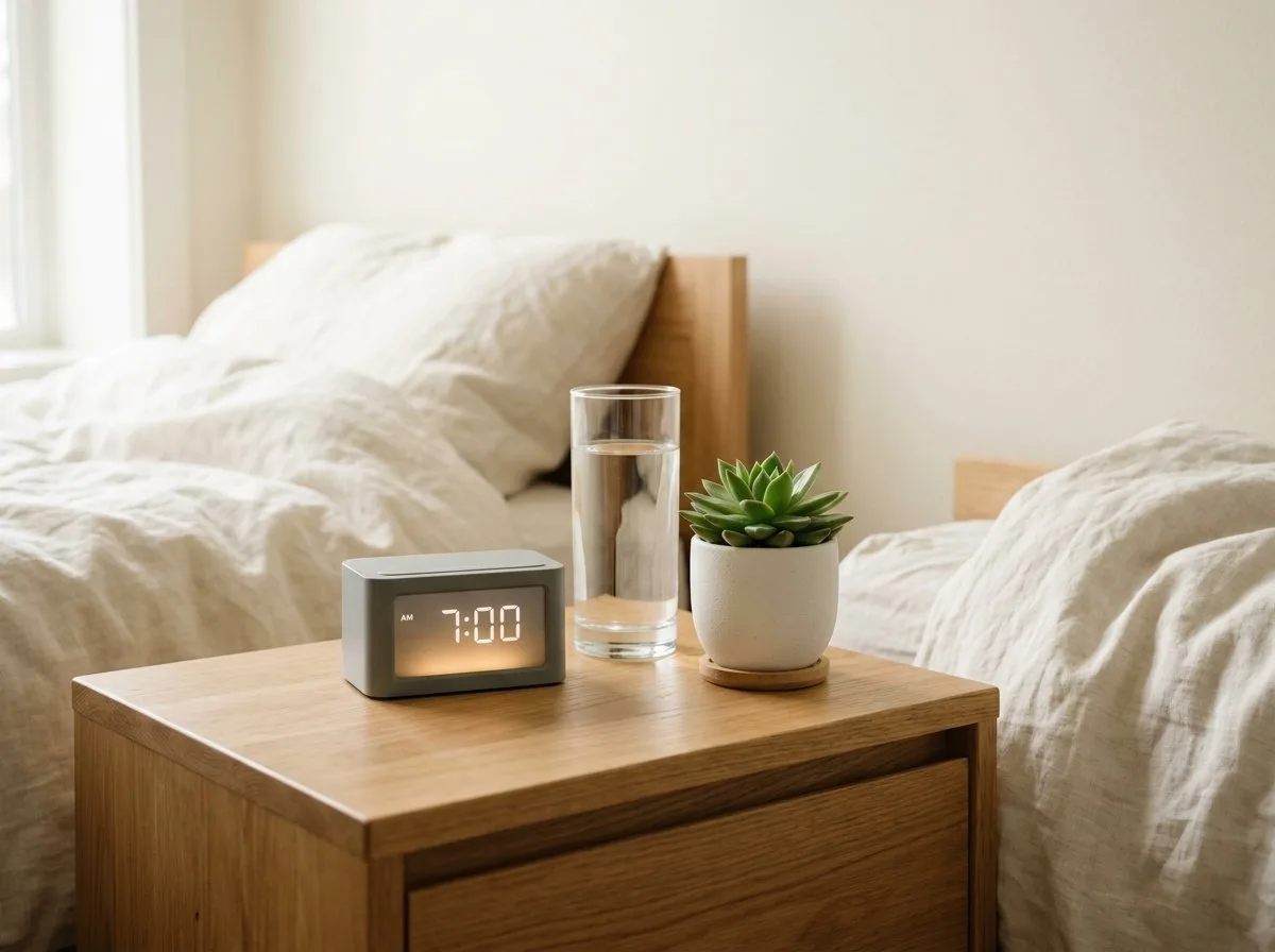 Phone-free bedside table with water glass and alarm clock