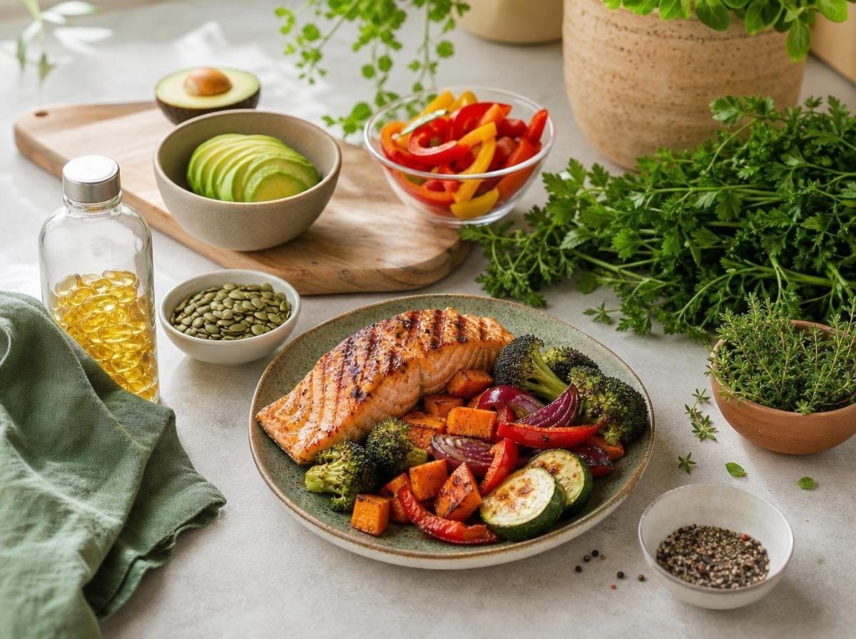 Hormone balancing foods and omega-3 supplements meal prep