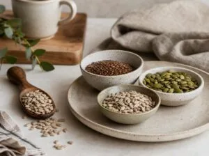 Bowls of pumpkin and sunflower seeds with wooden spoons on a linen napkin