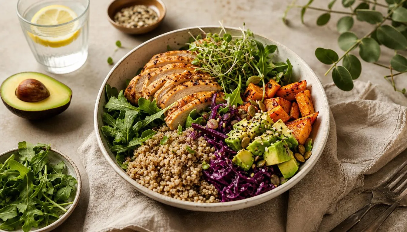 Healthy grain bowl with sliced avocado, leafy greens and microgreens beside a glass of lemon water