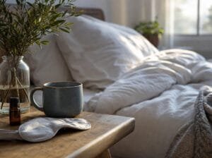 Calming bedside scene with a ceramic mug, amber essential oil bottle, sleep mask and olive branch beside a neatly made bed