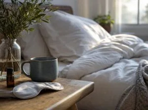 Calming bedside scene with a ceramic mug, amber essential oil bottle, sleep mask and olive branch beside a neatly made bed