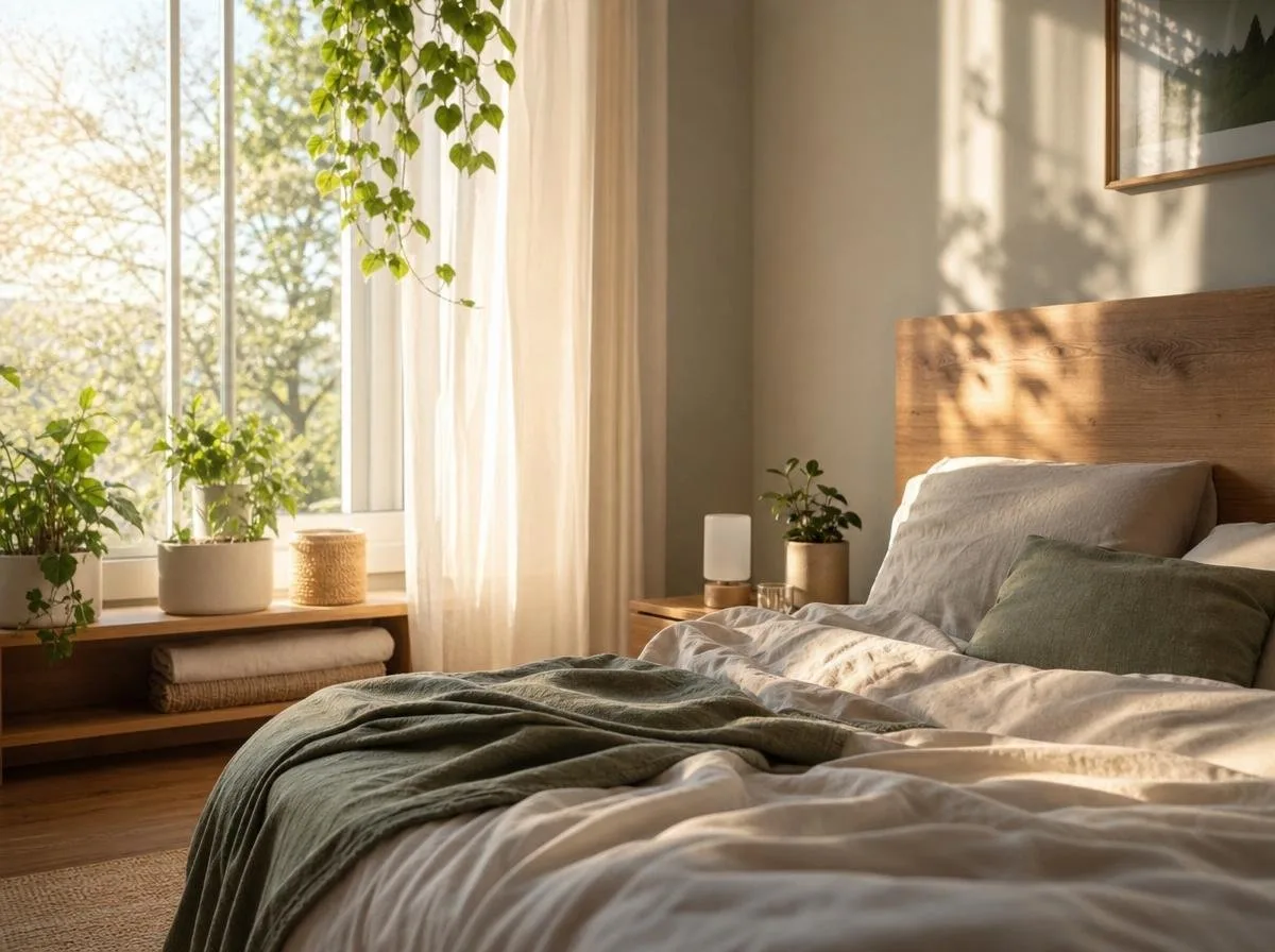 Bright bedroom with a neatly made bed and houseplants by a sunlit window