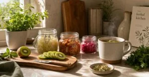 Jars of fermented sauerkraut, kimchi and pickled vegetables with sliced kiwi and a steaming mug of herbal tea on a sunlit kitchen counter