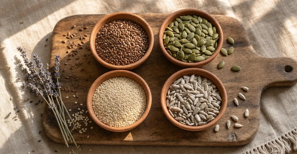 Wooden board with bowls of flax, pumpkin, sesame and sunflower seeds beside lavender