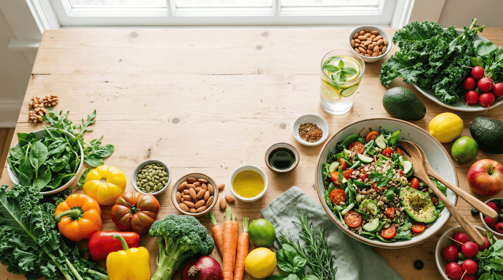 Flat lay of colorful fresh vegetables, fruits, leafy greens and healthy whole foods on a light wooden table for balanced nutrition