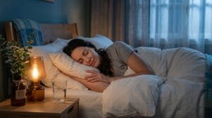 Woman sleeping peacefully in a calm bedroom with magnesium supplement and water on the nightstand