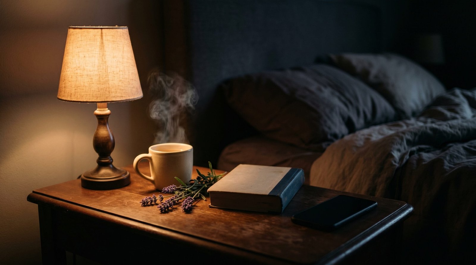 A cozy nightstand with herbal tea, a book, lavender, and a phone face-down for a calming bedtime wind-down