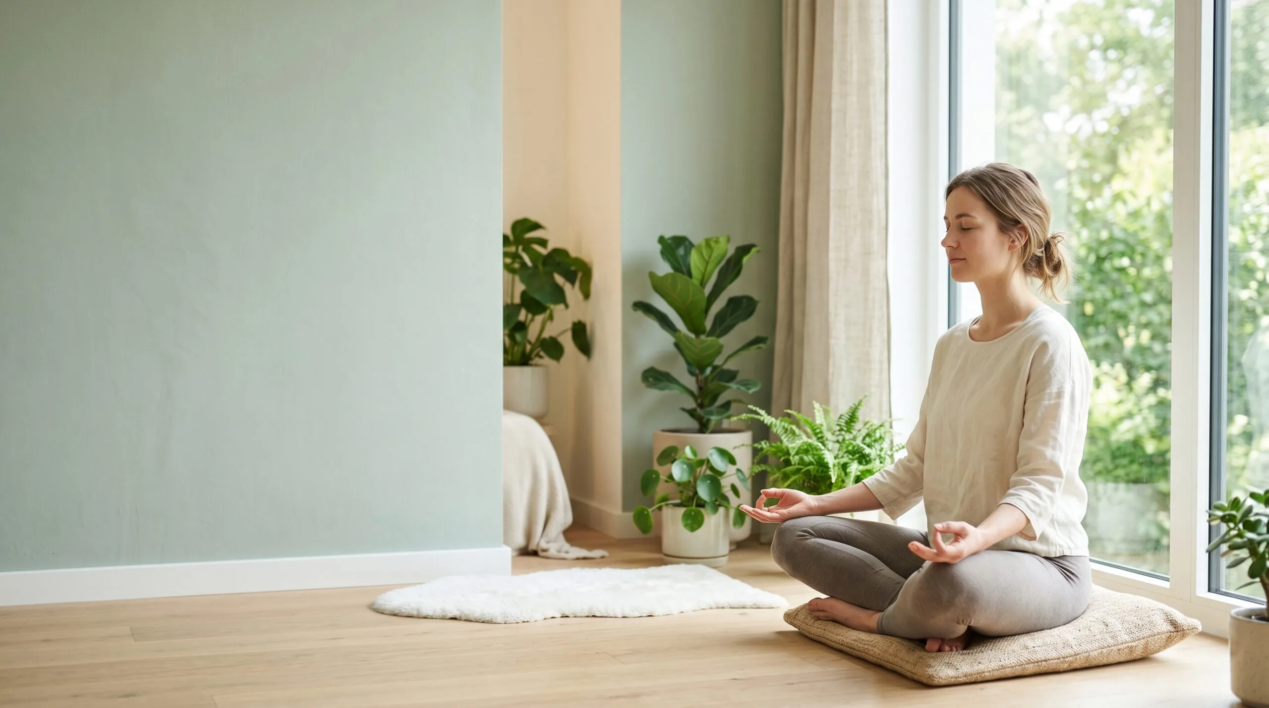 Woman meditating peacefully in soft natural morning light, practicing mindfulness for stress relief and mental wellness