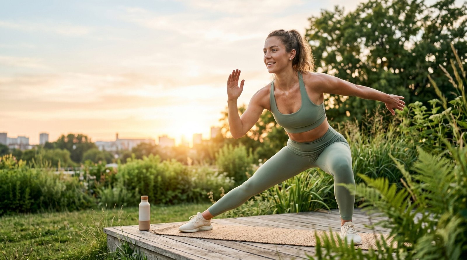 Active woman in activewear exercising outdoors at sunrise, representing evidence-based fitness and movement for every level