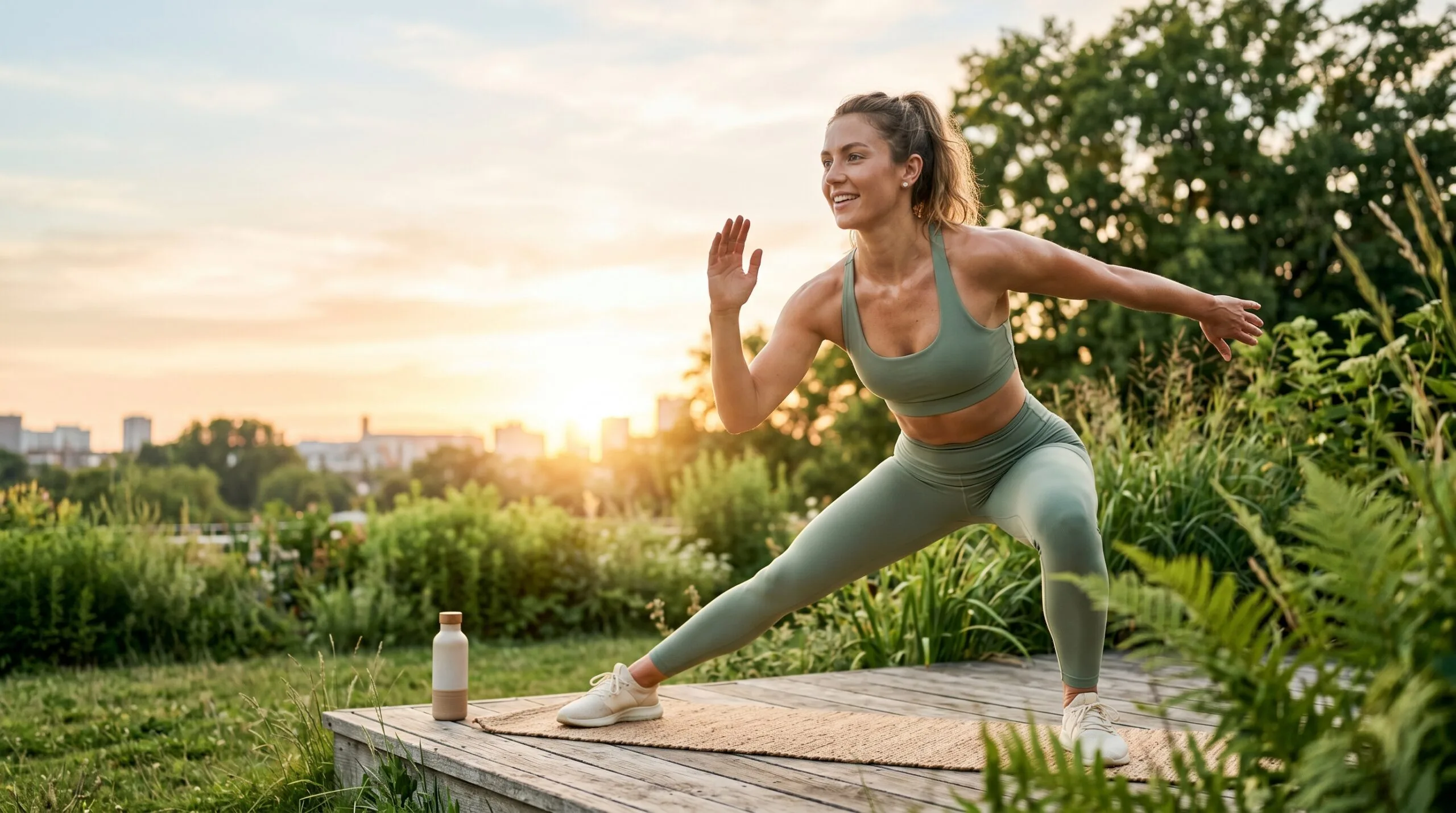 Active woman in activewear exercising outdoors at sunrise, representing evidence-based fitness and movement for every level