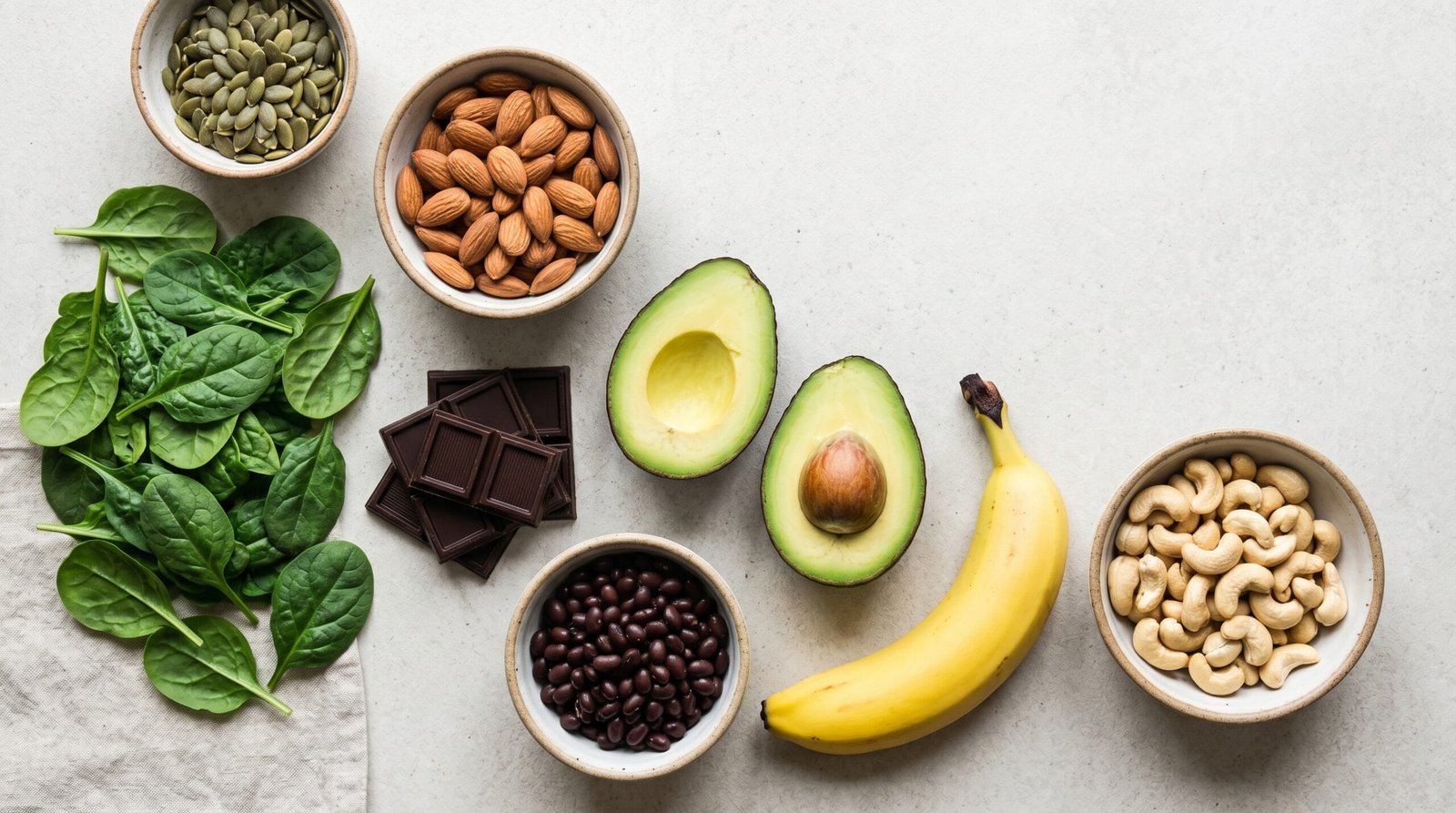 Overhead flat lay of magnesium-rich foods including pumpkin seeds, spinach, almonds, dark chocolate, and avocado