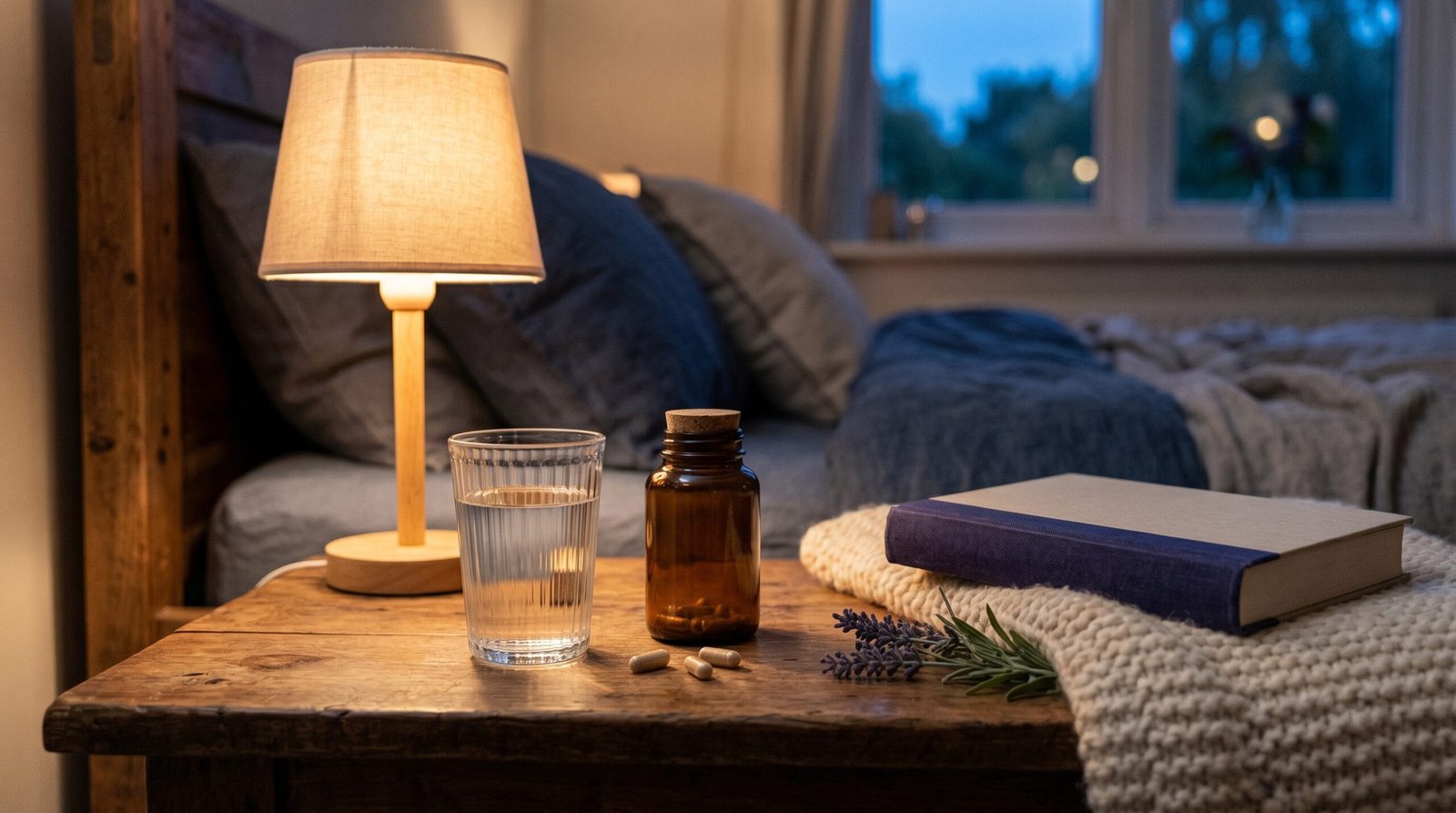 Calming bedtime nightstand scene with magnesium supplement, glass of water, lamp, and lavender