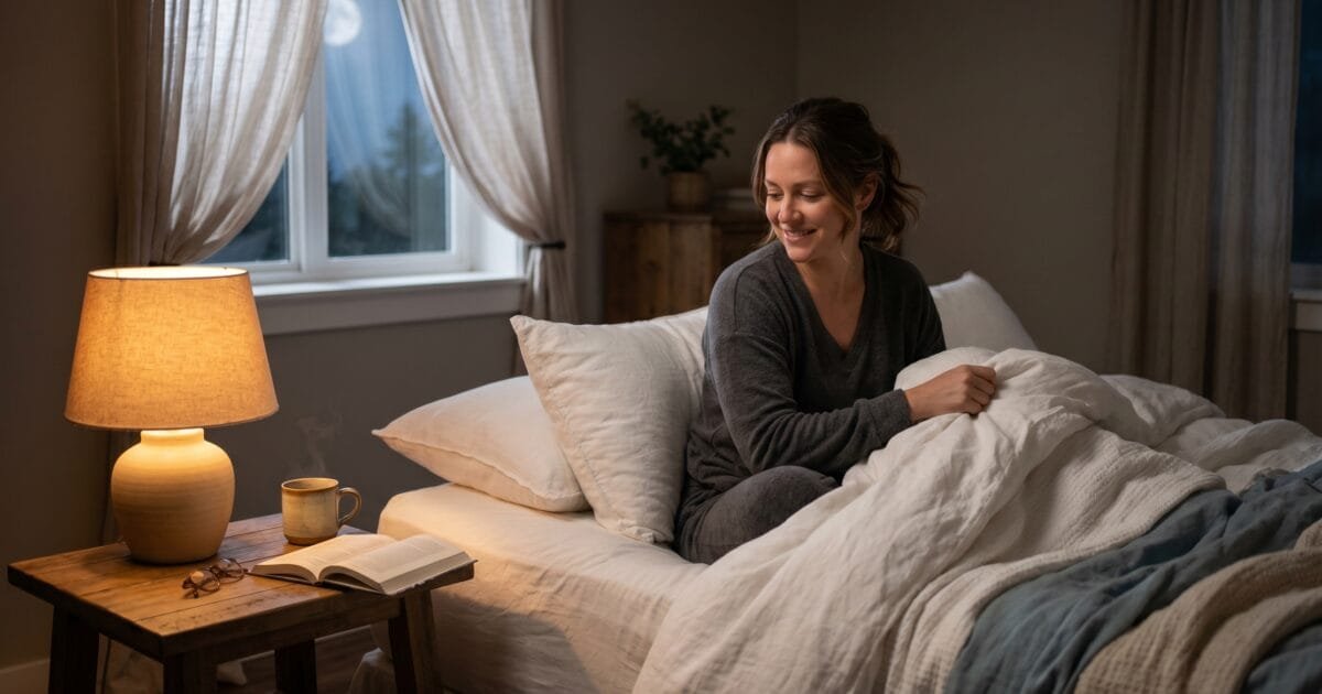 A calm woman settling into bed in a serene, softly lit bedroom at night