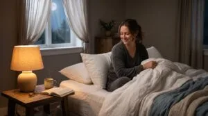 A calm woman settling into bed in a serene, softly lit bedroom at night