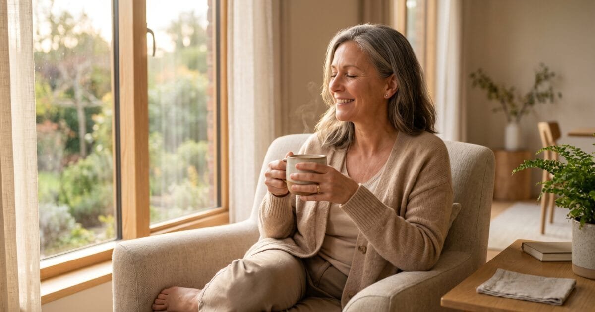 A calm woman in her mid-40s sitting peacefully by a sunlit window holding a cup of herbal tea, representing moving through perimenopause feeling like herself