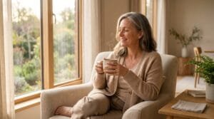 A calm woman in her mid-40s sitting peacefully by a sunlit window holding a cup of herbal tea, representing moving through perimenopause feeling like herself