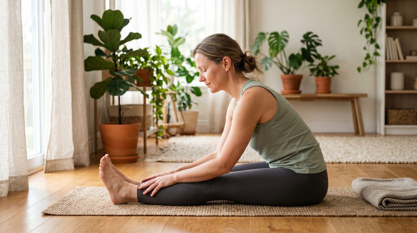 A woman in her 40s practicing gentle restorative yoga in a bright airy room, supporting stress, sleep and mood during perimenopause