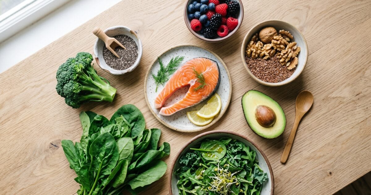 Overhead flat lay of hormone-supporting whole foods — leafy greens, salmon, flaxseeds, walnuts, avocado and berries — to help ease perimenopause symptoms