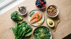 Overhead flat lay of hormone-supporting whole foods — leafy greens, salmon, flaxseeds, walnuts, avocado and berries — to help ease perimenopause symptoms