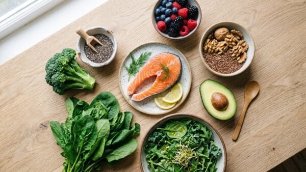 Overhead flat lay of hormone-supporting whole foods — leafy greens, salmon, flaxseeds, walnuts, avocado and berries — to help ease perimenopause symptoms