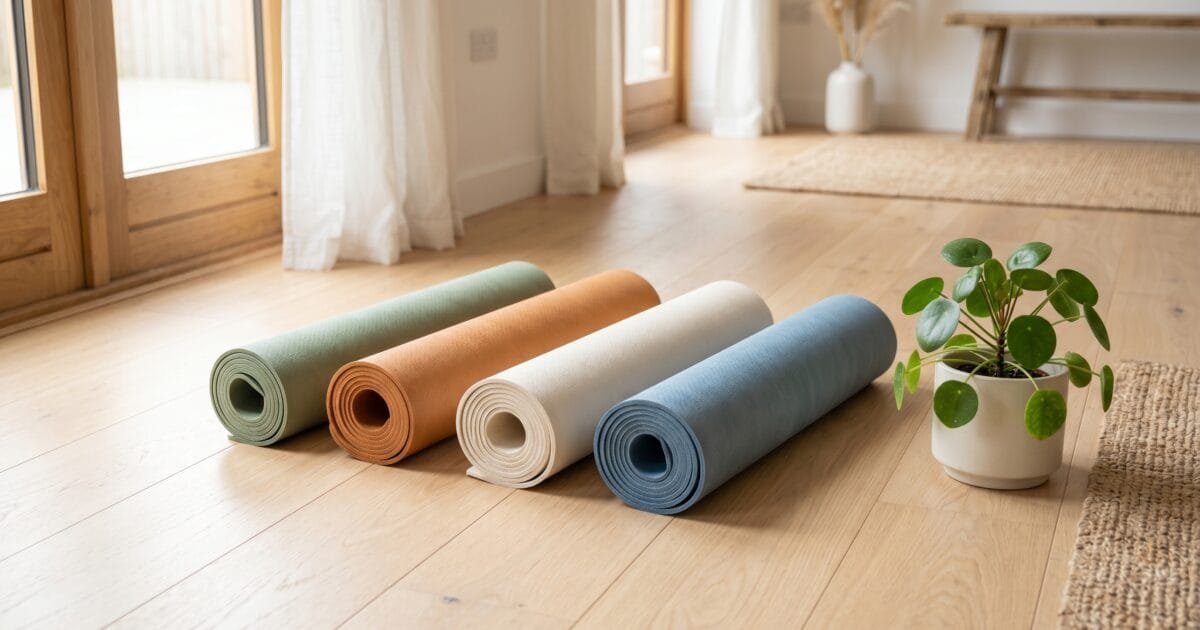 Four rolled-up yoga mats in sage green, terracotta, cream and dusty blue on a light wood studio floor