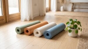 Four rolled-up yoga mats in sage green, terracotta, cream and dusty blue on a light wood studio floor
