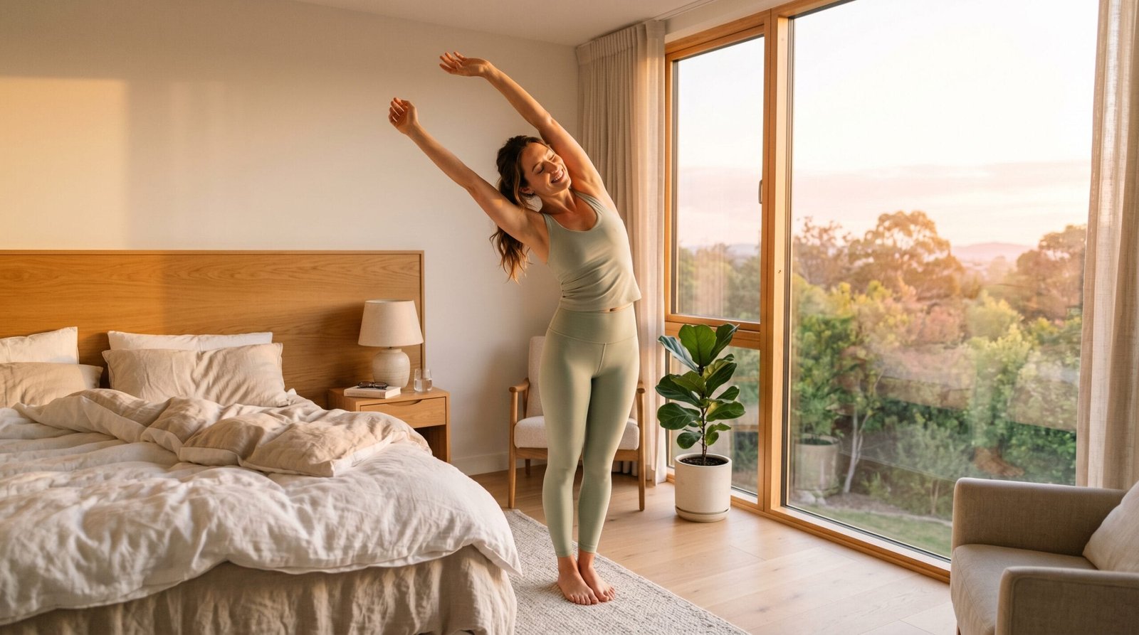 Woman stretching and smiling by a sunlit bedroom window in the morning