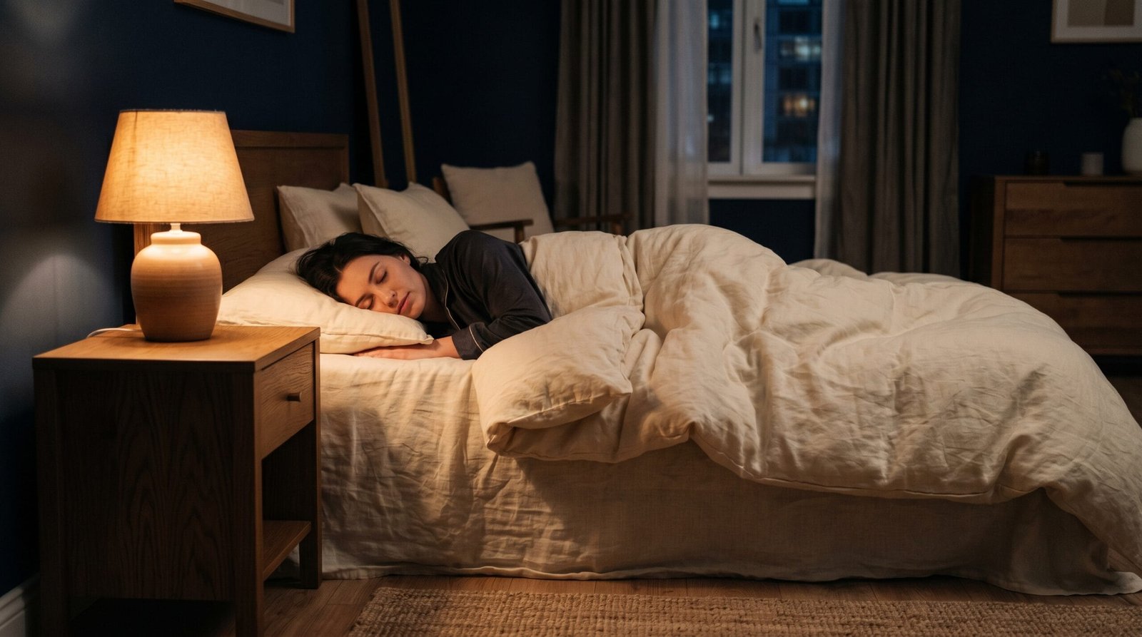 Person sleeping peacefully in a dark cozy bedroom with a warm bedside lamp