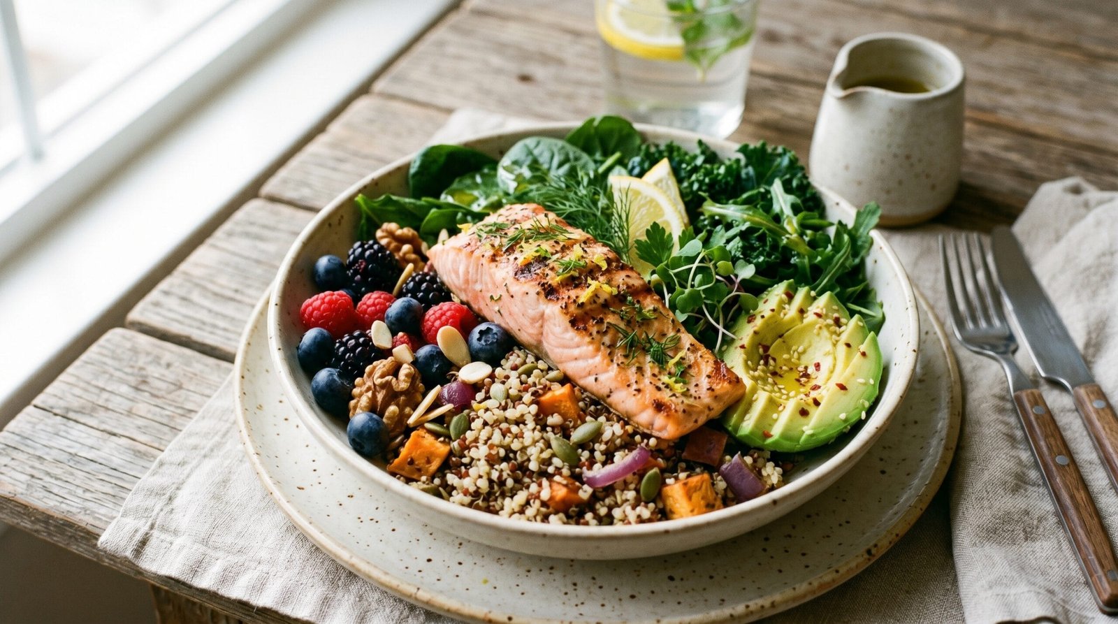 Anti-inflammatory meal bowl with salmon, quinoa, leafy greens, avocado and berries