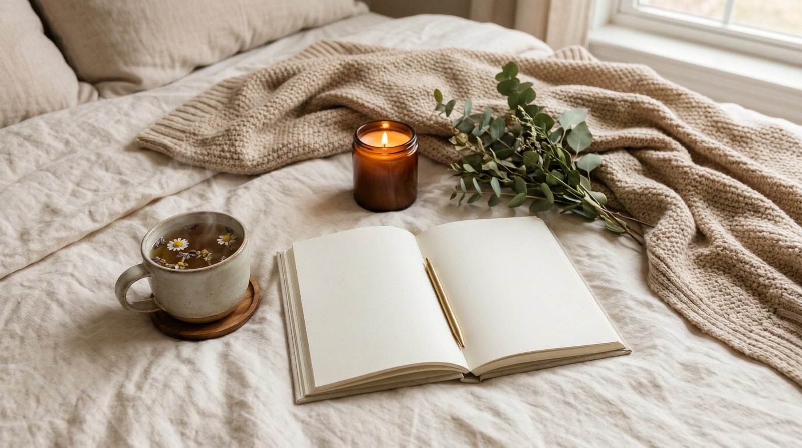 Self-care flat lay with an open journal, herbal tea, candle and cozy blanket