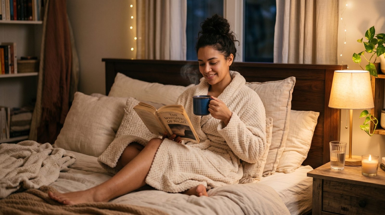 Woman wrapped in a cozy robe relaxing with a book and tea during a self-care evening