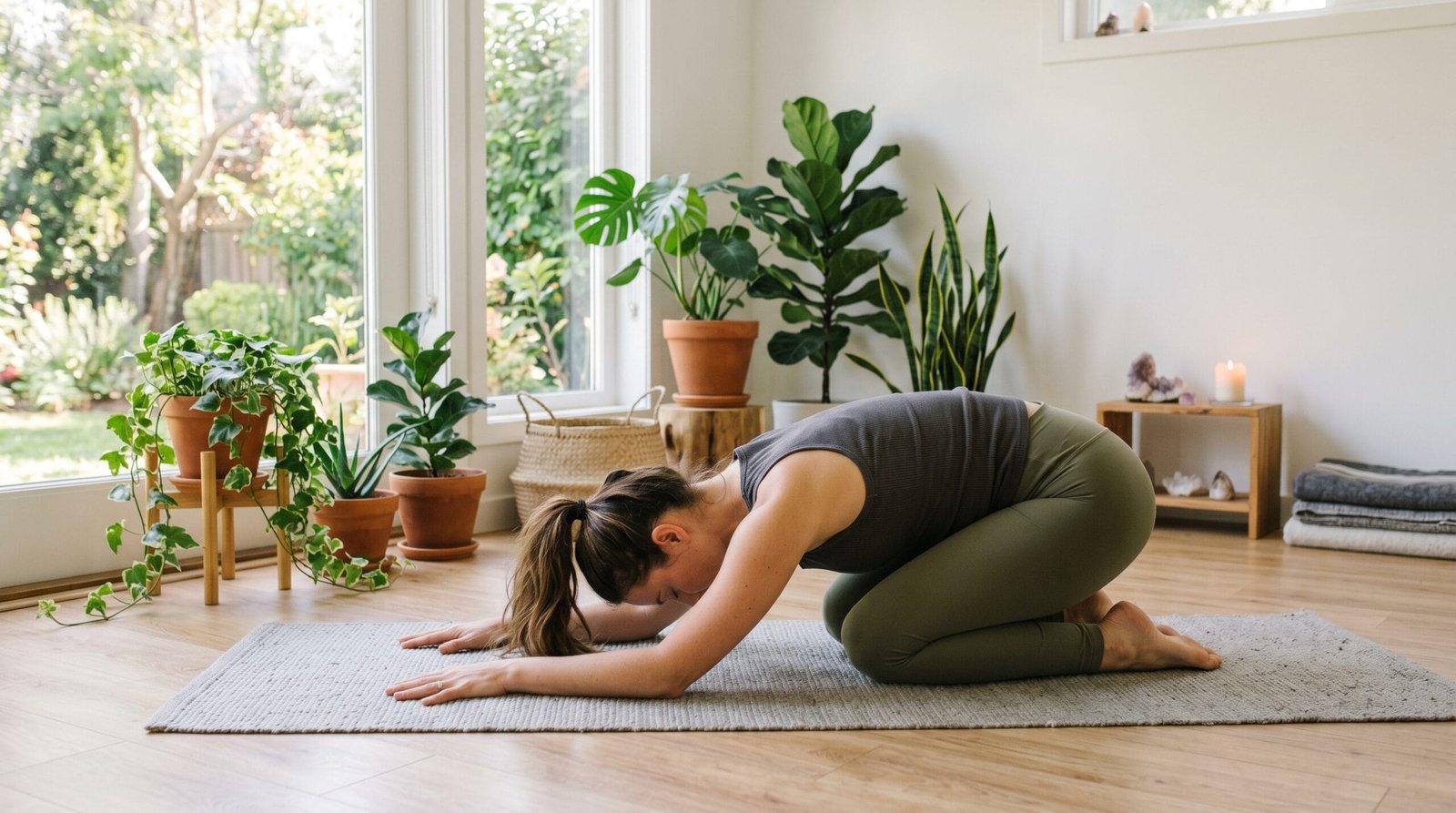 Woman practicing child's pose on a yoga mat in a serene bright room with plants