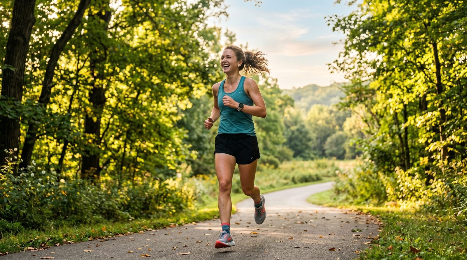 Happy person jogging outdoors on a tree-lined path in soft morning light