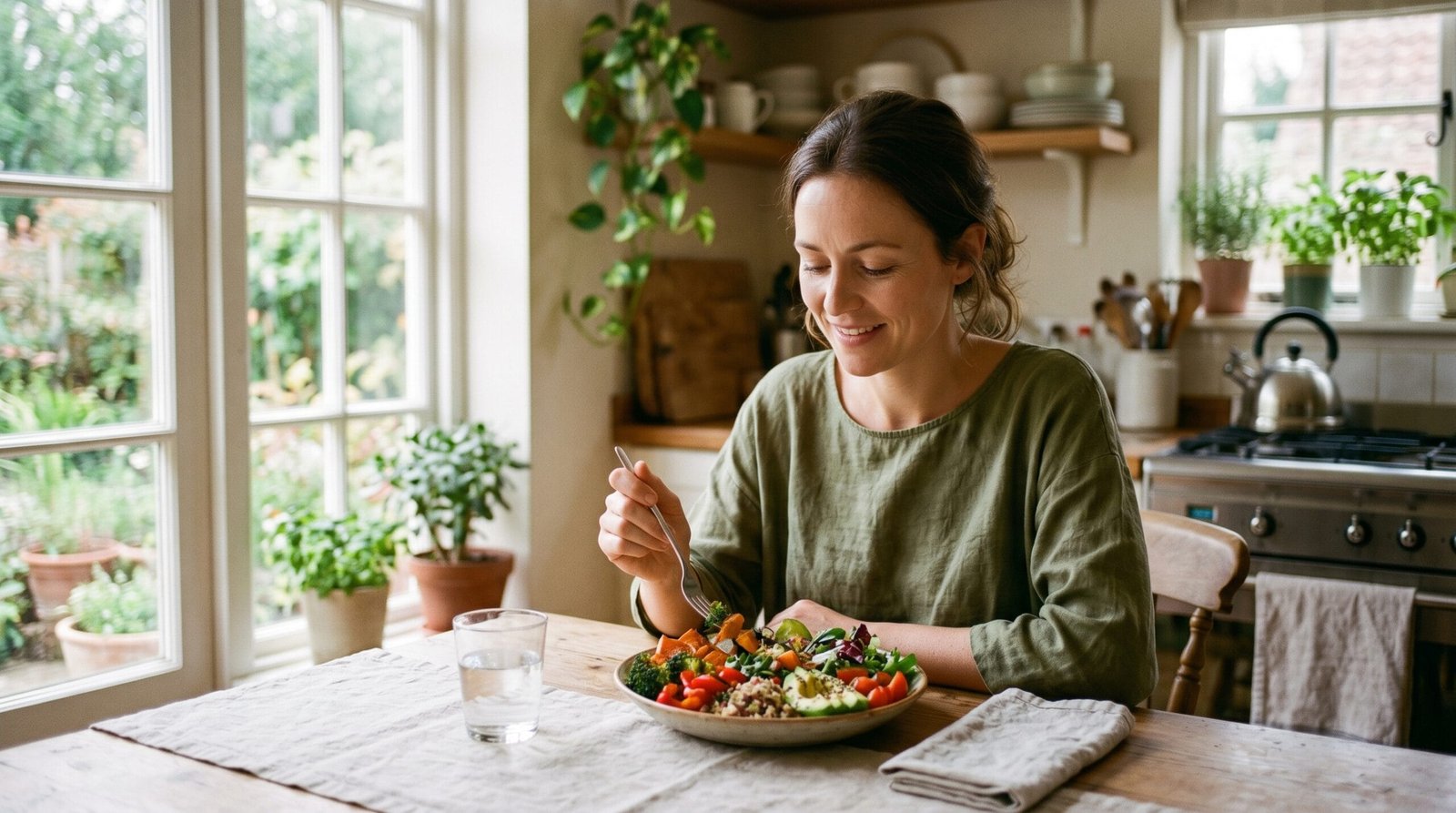 Woman sitting at a table mindfully savoring a healthy colorful meal