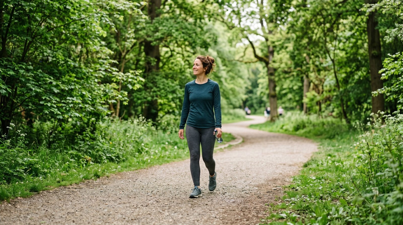 Woman taking a relaxing walk outdoors in a green park