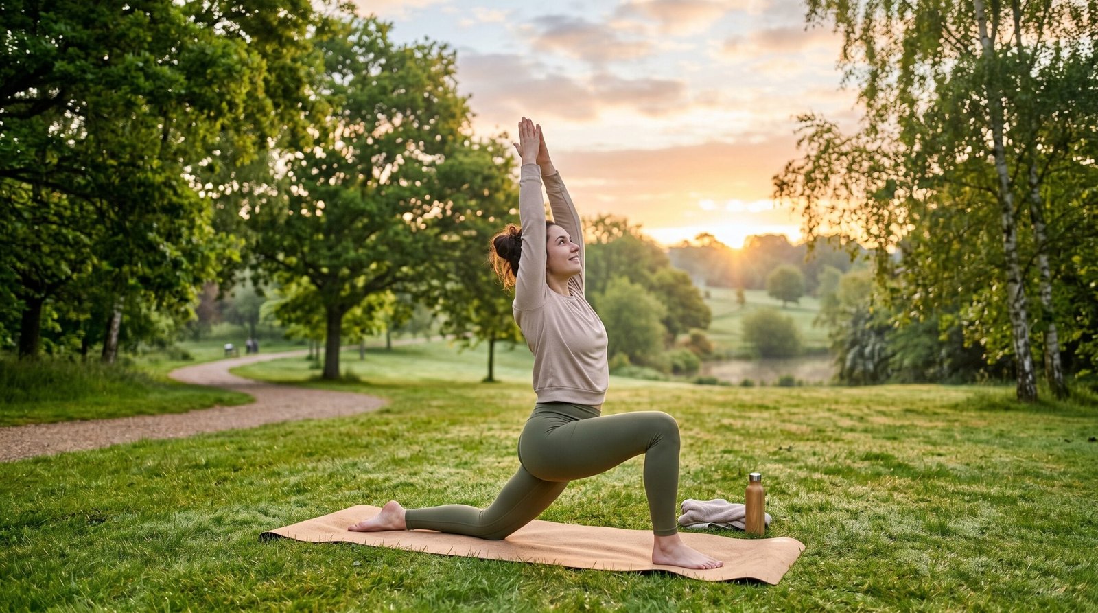 Woman doing gentle yoga stretches outdoors in a park at sunrise